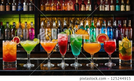 A vibrant collection of colorful cocktails placed on a bar counter, each adorned with fresh garnishes like fruit slices and herbs. The illuminated bottles in the background enhance the lively, festive 125244915