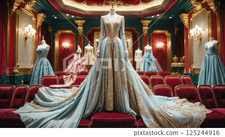 A high-end fashion showcase featuring intricate, regal gowns in a luxurious, red and gold room. The elegant blue dress takes center stage, complemented by several exquisite designs in the background 125244916