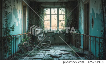 An eerie, abandoned hallway with peeling walls and overgrown ivy creeping inside. A forgotten rocking chair sits amidst broken tiles, highlighting nature's reclaim of a once-living space 125244918