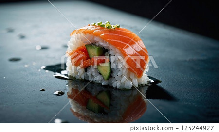 A delicious piece of fresh salmon sushi roll with cucumber and avocado, beautifully arranged on a reflective black surface, showcasing the intricate texture and vibrant colors A delicious piece of fresh salmon sushi roll with cucumber and avocado, beautifully arranged on a reflective black surface, showcasing the intricate texture and vibrant colors 125244927