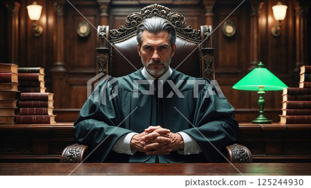 A stern and powerful image of a judge sitting in an ornate wooden chair in a courtroom, wearing a traditional black robe, exuding authority and justice 125244930