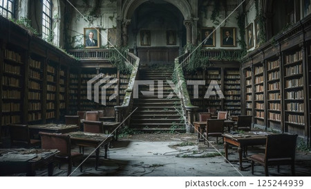 An overgrown and abandoned library, where plants and vines creep through the bookshelves and across the furniture, creating a hauntingly beautiful scene of nature reclaiming knowledge 125244939