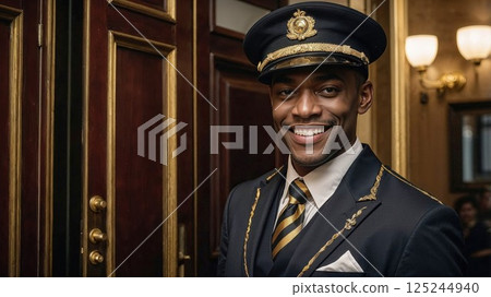 A friendly and confident concierge wearing a sharp uniform and a black cap, smiling as he stands near the entrance of a luxury hotel, radiating professionalism and welcoming hospitality 125244940