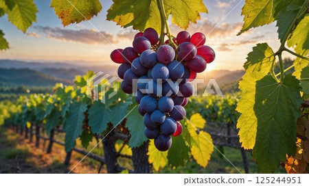 A bunch of ripe purple grapes hanging on a vine in a picturesque vineyard, bathed in golden sunset light, symbolizing harvest season and the beauty of nature 125244951