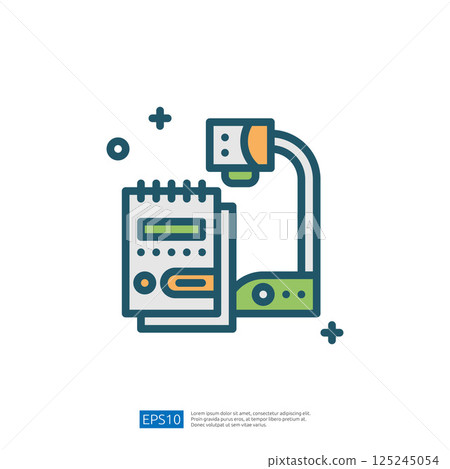 A graphic illustration of a document camera setup, featuring a notebook and a camera, used for educational purposes. 125245054