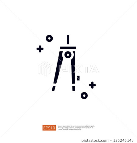 This image features a simple black icon of a compass, often used in drafting and design, surrounded by geometric shapes, symbolizing precision and creativity. 125245143