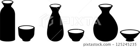 Set of silhouette icons of sake bottles and sake cups 125245235
