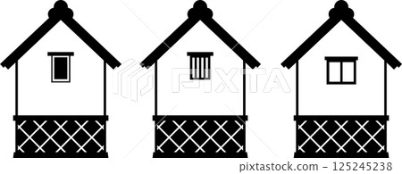 Illustration icons of brewery, sake brewery, and storehouse in black and white 125245238