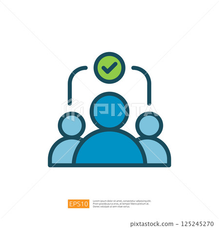 three stylized figures with a checkmark above them, symbolizing approval or agreement in a group setting. Flat line style icon 125245270