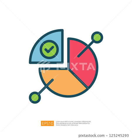A colorful pie chart graphic with segments in blue, red, orange, and yellow, featuring a checkmark, symbolizing data analysis or presentation. Flat line style icon 125245293