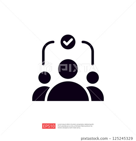 A simple graphic illustration depicting three figures with a checkmark above, symbolizing approval or agreement in a group context. 125245329
