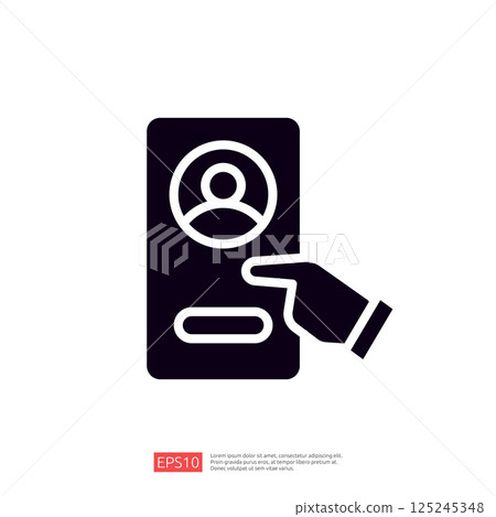A simple icon depicting a hand pointing at a user profile card, symbolizing user interaction or selection in a digital interface. A simple icon depicting a hand pointing at a user profile card, symbolizing user interaction or selection in a digital interface. 125245348