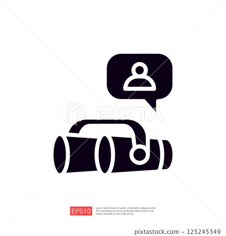 The image features a pair of binoculars with a speech bubble containing a user icon, symbolizing communication or observation. The image features a pair of binoculars with a speech bubble containing a user icon, symbolizing communication or observation. 125245349