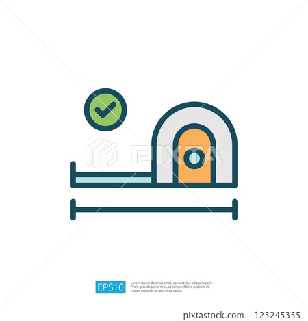 This image depicts a simple illustration of a tape measure with a checkmark, symbolizing measurement accuracy or completion. 125245355