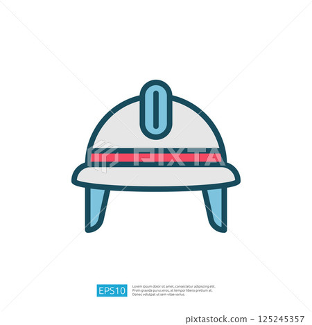 The image depicts a simple illustration of a helmet, featuring a round shape with a front peak and a stripe, often associated with safety or specific professions. The image depicts a simple illustration of a helmet, featuring a round shape with a front peak and a stripe, often associated with safety or specific professions. 125245357