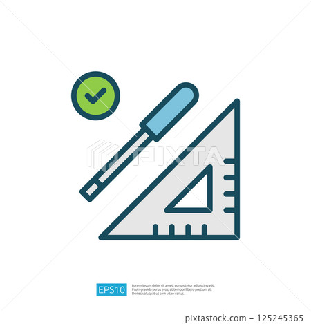 The image features a geometric ruler and a screwdriver, symbolizing precision and tools used in technical or design work. 125245365