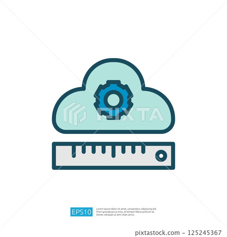 The image features a cloud symbol with a gear icon inside, accompanied by a ruler, representing cloud computing and measurement in technology. 125245367