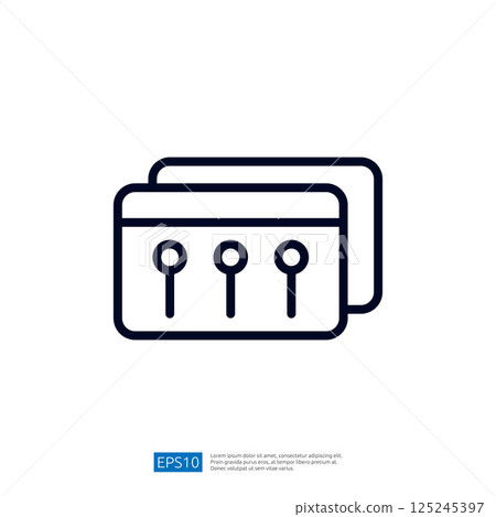A simple line drawing of two cards with three dots on one, representing a payment or identification card concept. A simple line drawing of two cards with three dots on one, representing a payment or identification card concept. 125245397