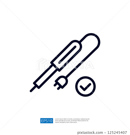 The image depicts a simple line drawing of a thermometer and a power cord with a checkmark, symbolizing functionality or approval. 125245407