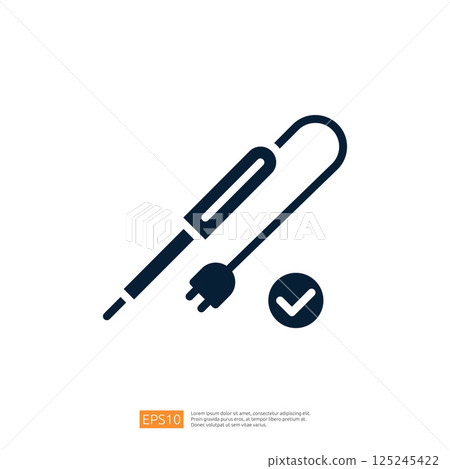 The image depicts an electrical tester with a plug and a checkmark, indicating its use for verifying electrical connections or safety. 125245422