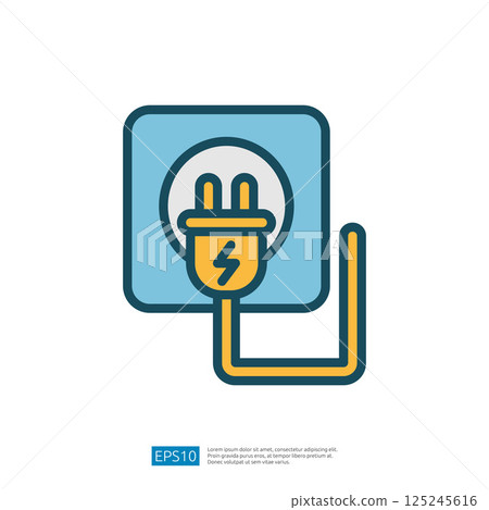 Electric Power Plug Icon Connected to a Blue Socket with Yellow Electrical Cable in a Minimalist Design 125245616