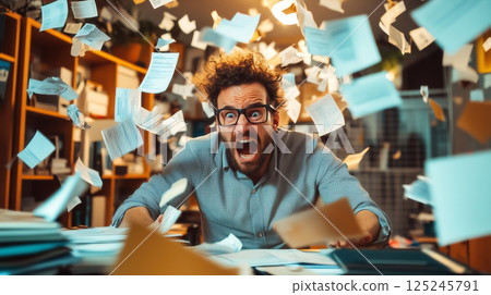 A stressed man struggles as he drowns in a massive pile of documents, overwhelmed by paperwork and deadlines. The concept of workplace stress, bureaucracy, and information overload. Generative AI. 125245791