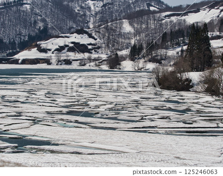 Snow flowing, a seasonal sight in spring at Harama River Dam in Uonuma City Snow flowing, a seasonal sight in spring at Harama River Dam in Uonuma City 125246063