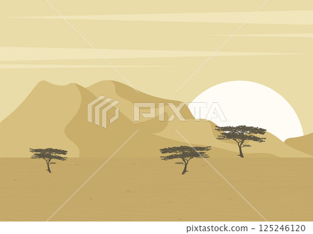Desert landscape dunes and trees illustration. Kgalagadi Transfrontier Park poster. Aesthetic Sahara panorama 125246120