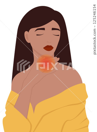 Woman with thyroid disease illustration. Throat cancer concept. Endocrinology disease, cancer and thyroiditis 125246154