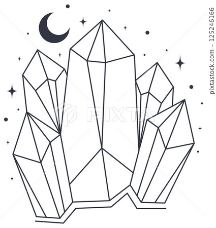 Bohemian linear logo icon symbol. Line art healing crystal and moon concept of esoteric elements 125246166