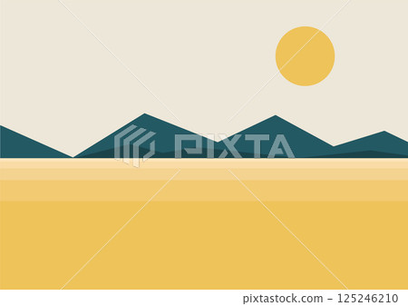 Seaside and mountains landscape illustration poster. Morning panoramic sunrise. Boho wall decor 125246210