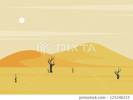 Morning desert landscape dunes illustration. Eastern Africa travel poster. Morning panoramic sunrise Morning desert landscape dunes illustration. Eastern Africa travel poster. Morning panoramic sunrise 125246215