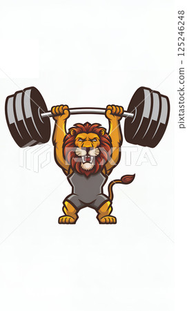 lion weightlifter is lifting a large weight over its head. Cartoon design illustration ready for print. The background is white. 125246248