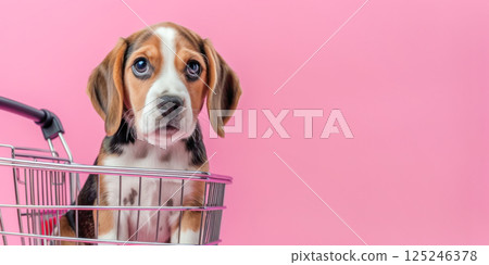 Cute little beagle in a shopping cart on a pastel pink background. Shopping, sale, advertisement, online shopping concept banner with copy space. 125246378