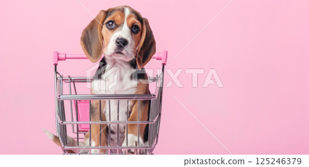 Cute little beagle in a shopping cart on a pastel pink background. Shopping, sale, advertisement, online shopping concept banner with copy space. 125246379