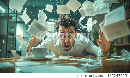 A stressed man struggles as he drowns in a massive pile of documents, overwhelmed by paperwork and deadlines. The concept of workplace stress, bureaucracy, and information overload. Generative AI. 125247225