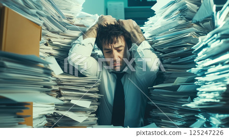 A stressed man struggles as he drowns in a massive pile of documents, overwhelmed by paperwork and deadlines. The concept of workplace stress, bureaucracy, and information overload. Generative AI. 125247226