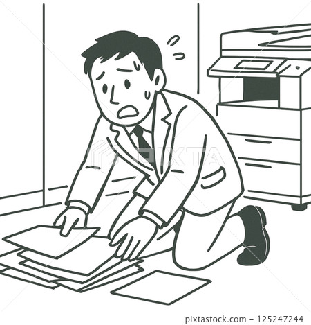 線條畫出將影印的文件散落在地板上的人，沒有背景、材料、圖標 125247244