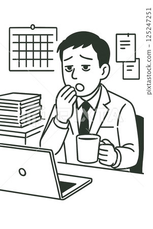 Line drawing illustration of a businessman working while lacking sleep, no background, material, icon 125247251
