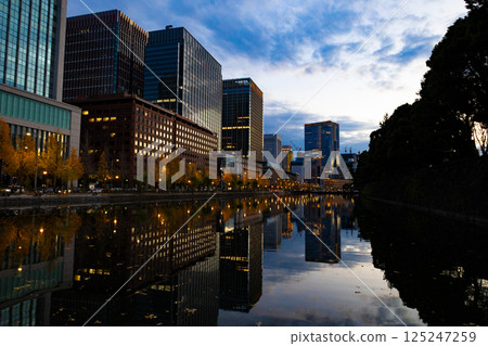Tokyo Station: Ginkgo trees lit up by streetlights on the sidewalk and the Marunouchi streetscape reflected on the water (Chiyoda Ward, Tokyo) Tokyo Station: Ginkgo trees lit up by streetlights on the sidewalk and the Marunouchi streetscape reflected on the water (Chiyoda Ward, Tokyo) 125247259