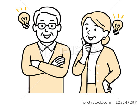 Illustration of a senior couple who came up with an idea (light bulb, idea, wisdom for daily life) 125247297