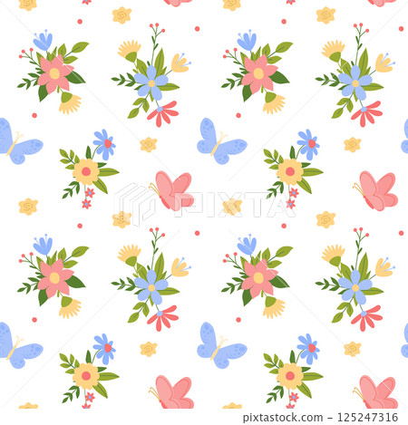 Seamless floral pattern with cute butterflies and colorful spring flowers. Bright decorative design for textiles wallpapers wrapping paper and kids products. Vector flat style. 125247316