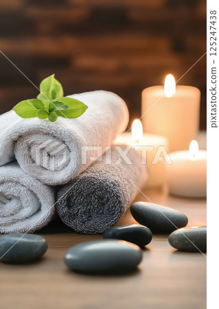 Spa towels with candles and smooth stones arranged in a relaxing setting for wellness and meditation. 125247438