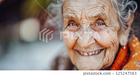 Smiling elderly woman with deep wrinkles wearing a colorful scarf and looking into the camera. 125247563