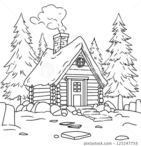 Coloring book for adults. Landscape with a wooden house in a winter forest. Vector illustration in sketch style. Coloring book for adults. Landscape with a wooden house in a winter forest. Vector illustration in sketch style. 125247758