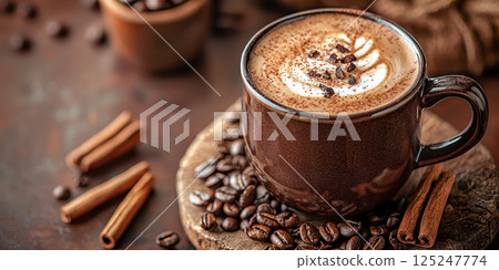 Cup of spiced coffee with cinnamon sticks and star anise on a rustic table setting. 125247774