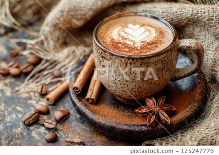Cup of spiced coffee with cinnamon sticks and star anise on a rustic table setting. Cup of spiced coffee with cinnamon sticks and star anise on a rustic table setting. 125247776