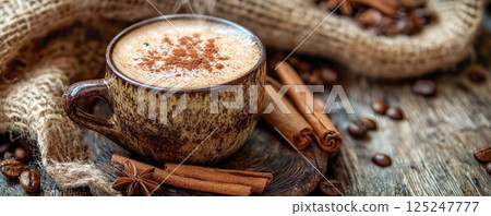 Cup of spiced coffee with cinnamon sticks and star anise on a rustic table setting. Cup of spiced coffee with cinnamon sticks and star anise on a rustic table setting. 125247777