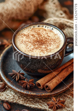 Cup of spiced coffee with cinnamon sticks and star anise on a rustic table setting. 125247778