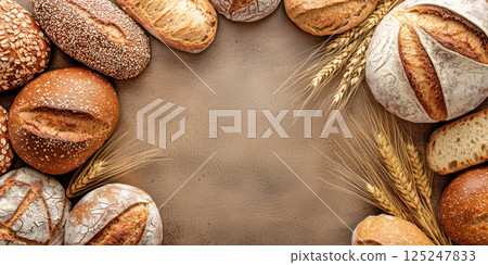 Assorted artisan bread loaves and wheat stalks arranged in a circle with space for text in the center. Assorted artisan bread loaves and wheat stalks arranged in a circle with space for text in the center. 125247833